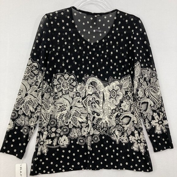 NWT Vintage RAFAEL Medium Black White Floral Polka Dot Knit Button Cardigan - Picture 10 of 11